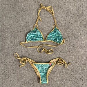🩷 Doll Swimwear Turquoise Aqua Sequin Bikini with Gold Trim Micro Bottom